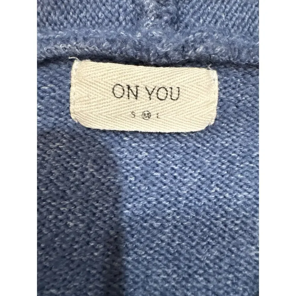 On You Knit Hoodie Sweater Blue Heart “Love Me” Patch Cozy Casual Pullover - Picture 5 of 6